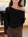 Korean-style Elegant Red Long-sleeve Knit Top With A Slanted Shoulder Design