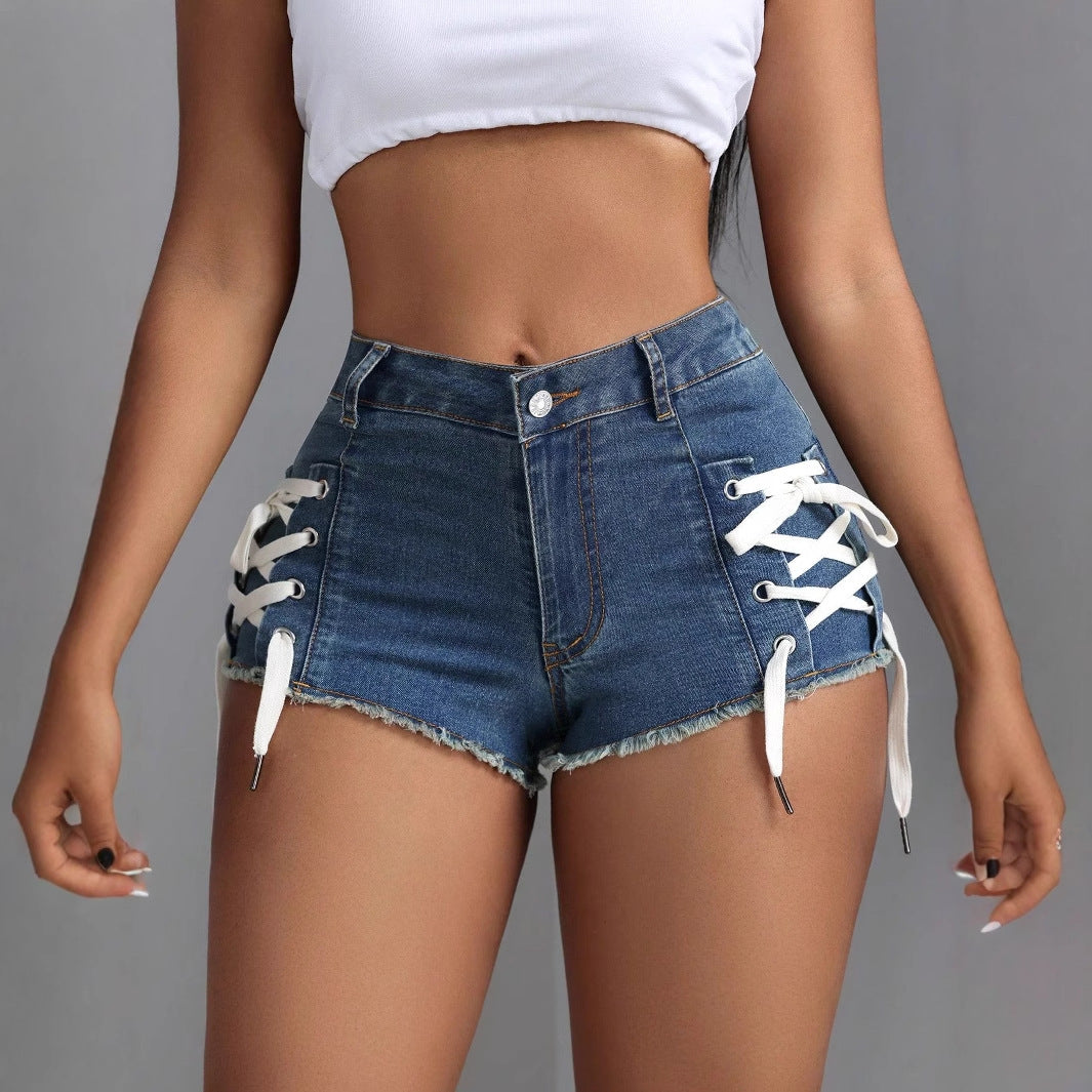 Womens Stylish Slim-Fit Personalized Elastic Denim Shorts With Ties
