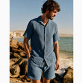 French Men's Waffle Loose Cuban Collar Shirt Shorts Two-piece Suit