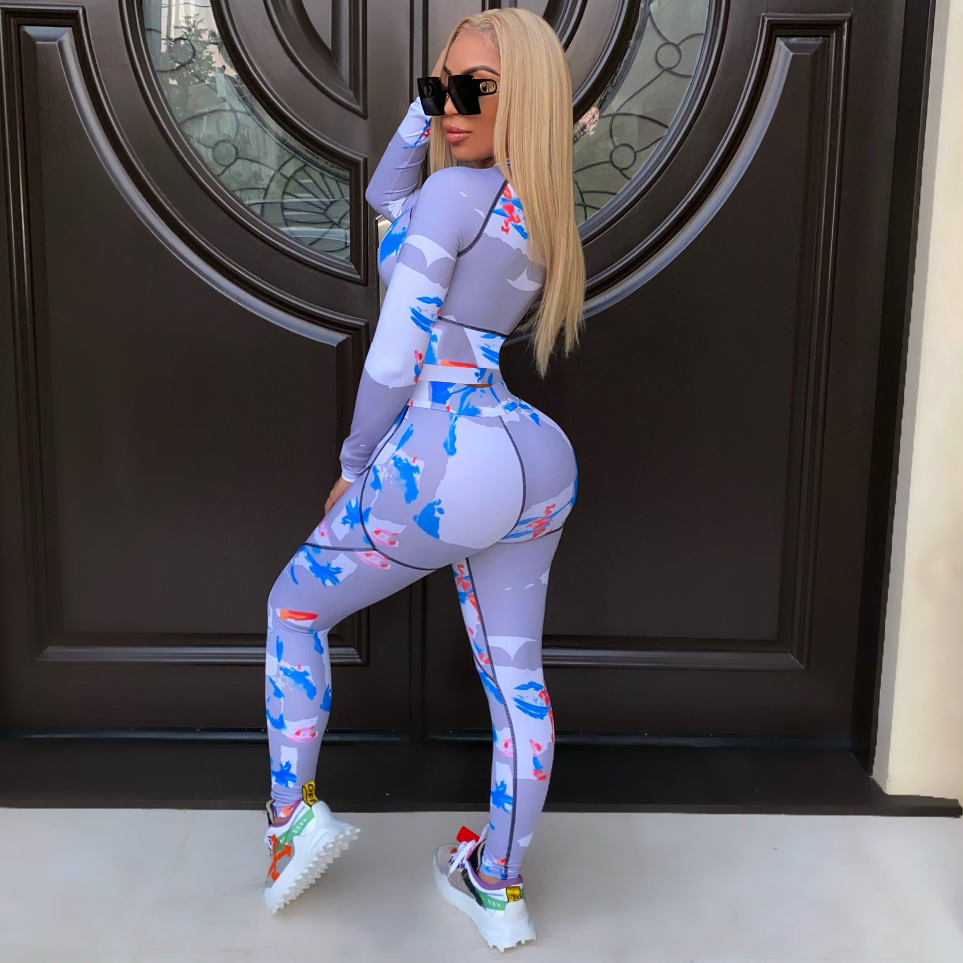 Women's Digital Printing Long Sleeved Fashion Tight Suit