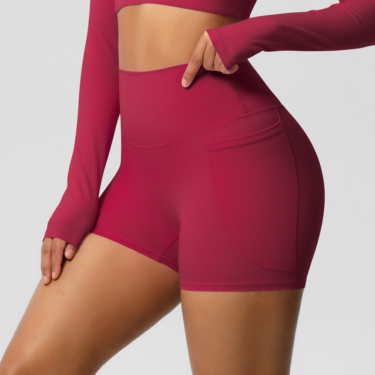 Womens Pockets Yoga Shorts Summer Three-Quarter Peach-Colored Yoga Shorts