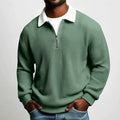 Men's Solid-Color Waffle-Weave Long-Sleeve Lapel Zip-Up Business Polo Shirt Spring Fall Zipper T-shirts Tops For Daily Wear