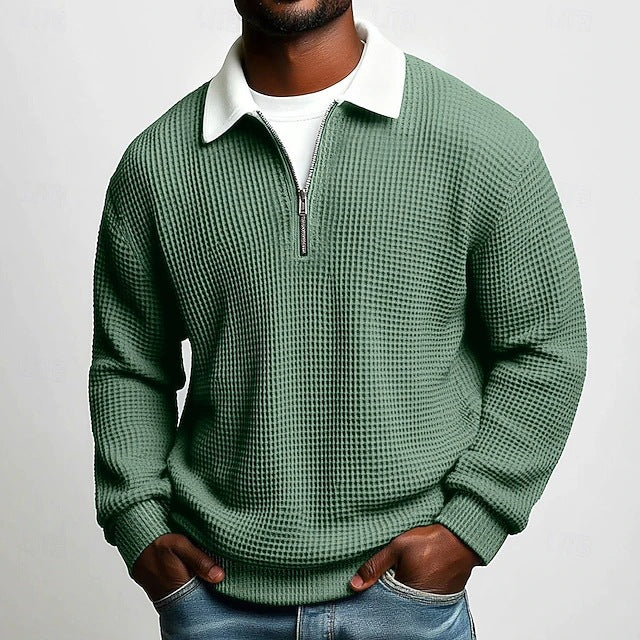 Men's Solid-Color Waffle-Weave Long-Sleeve Lapel Zip-Up Business Polo Shirt Spring Fall Zipper T-shirts Tops For Daily Wear