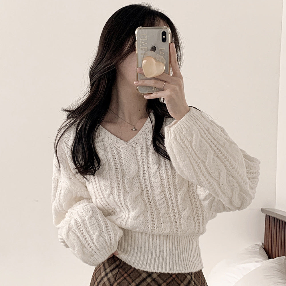 New Korean-style Relaxed-fit Solid-color Cable-knit Sweater With Lantern Sleeves