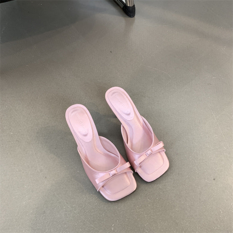 French-style Sophisticated Bow-tie Square-toe Open-toe Stiletto Sandals For Women