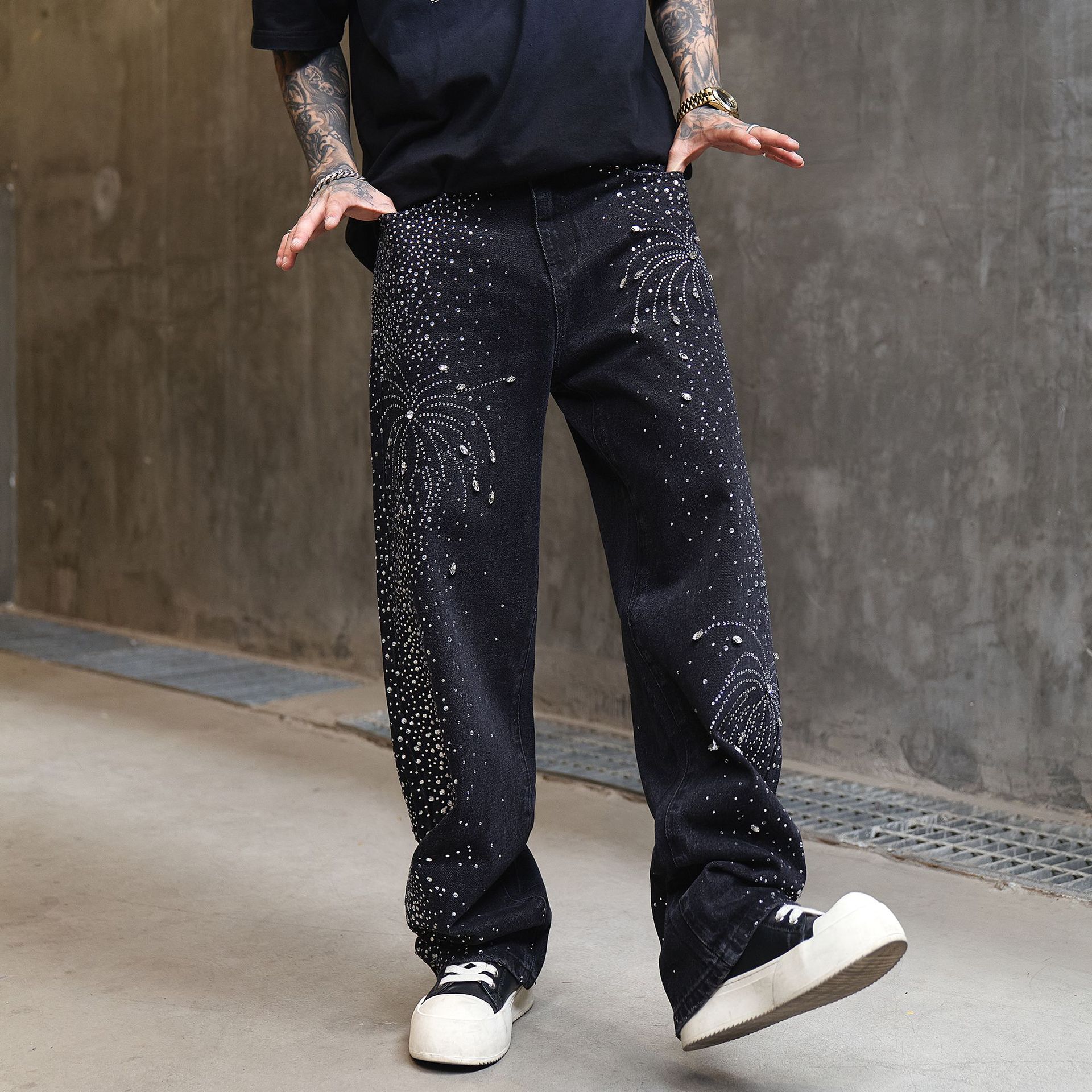 Men's High Street Washed Straight Full Diamond Design Jeans