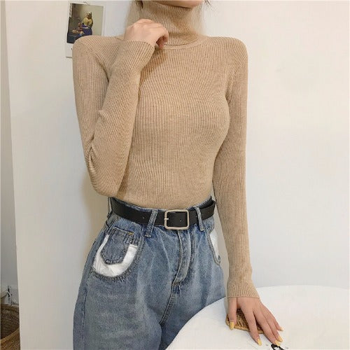 Slim-fit Solid-color Pullover Form-fitting Turtleneck Sweater