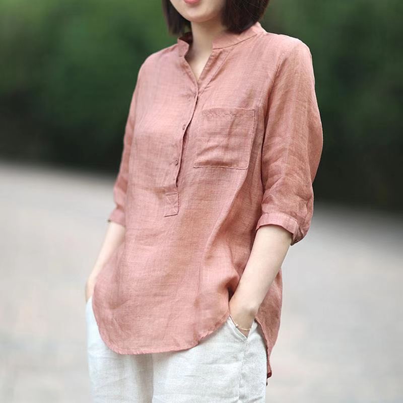 New Cotton-linen Plus-size Loose-fit Stand-collar Shirt Relaxed And Slimming