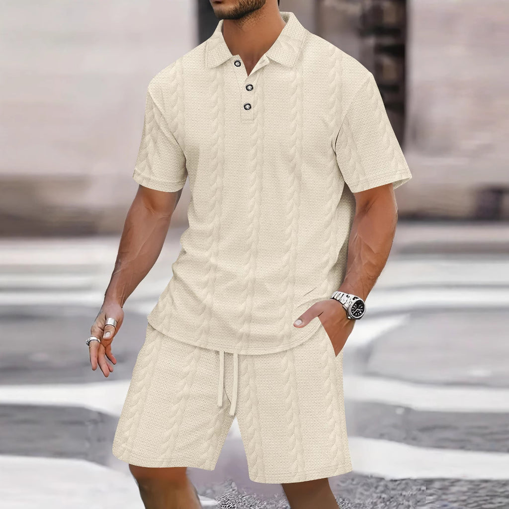 Mens Athletic Set Lapel-collar Short-sleeve Top With Shorts