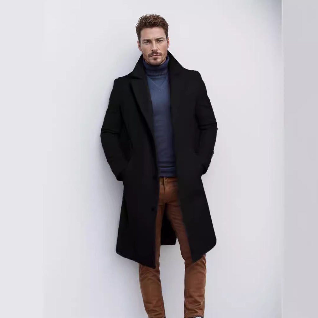 Knee-length Men's Solid Color Business Mid-length Trench Coat