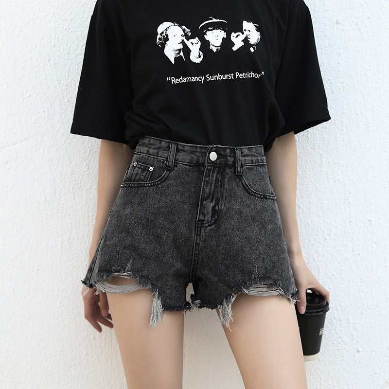 Black And Gray Ripped-out Denim Hot Pants
