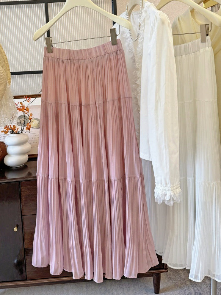 Womens Solid-Colored French-Style Retro Elegant Pleated High-Waist Skirt