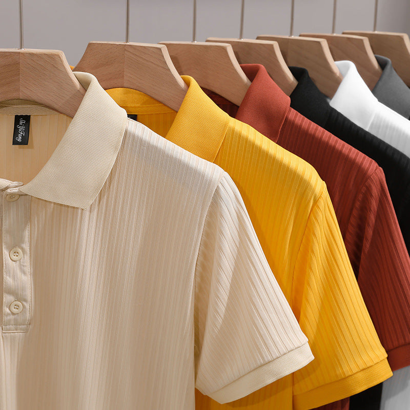 Mens Solid-Colored Slim-Fit Business-Style Fashionable Lapel Shirt With Short Sleeves