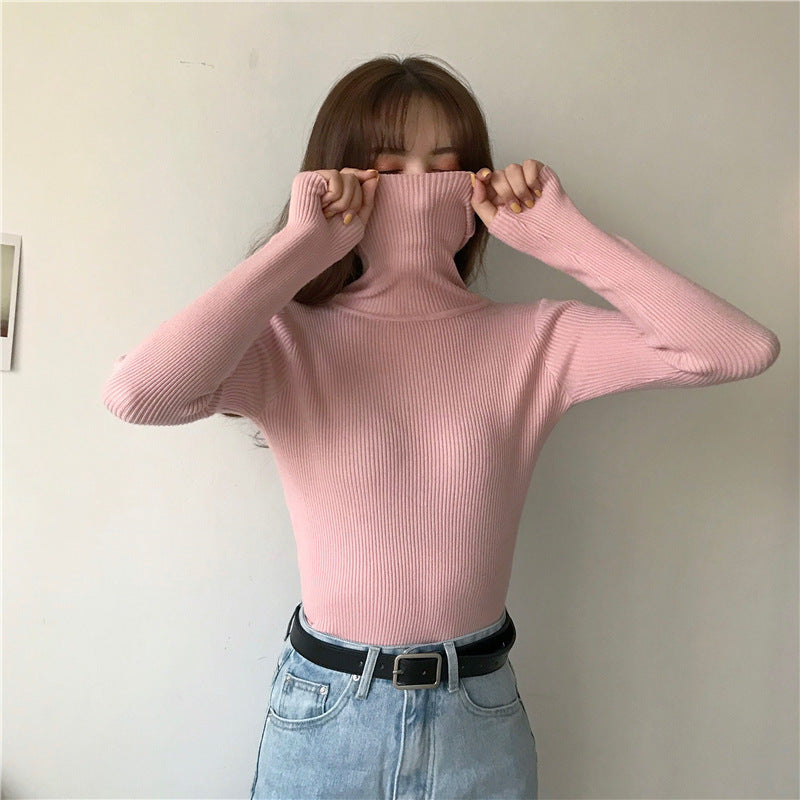 Slim-fit Solid-color Pullover Form-fitting Turtleneck Sweater
