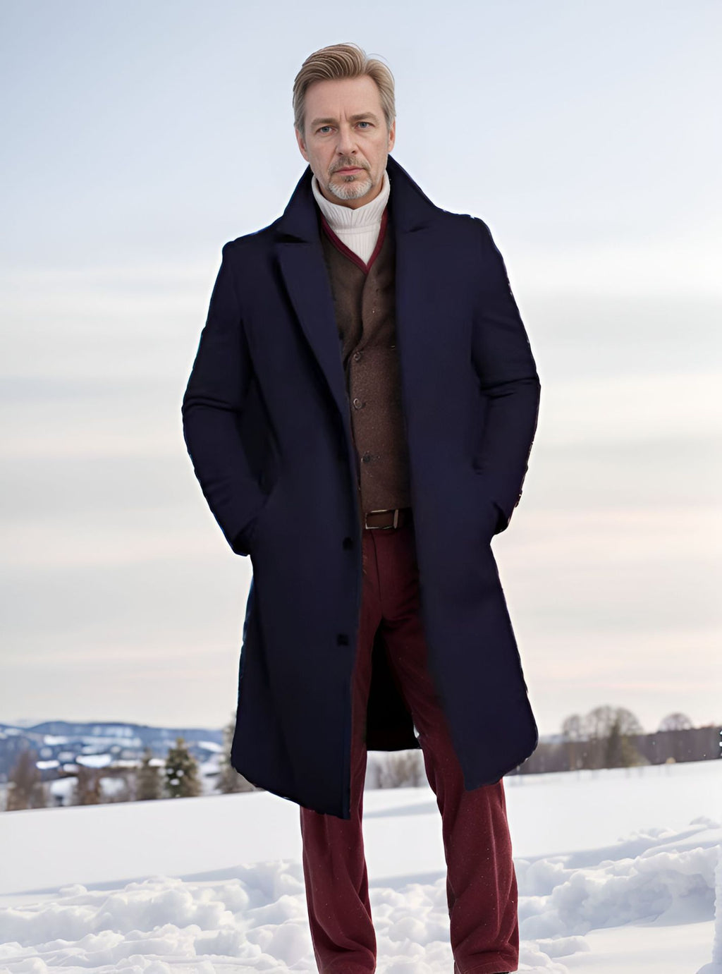 Knee-length Men's Solid Color Business Mid-length Trench Coat