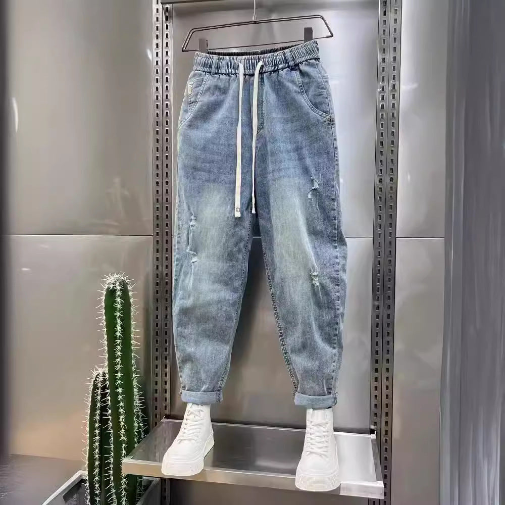 White Jeans Men's Light Blue Retro Casual Cropped