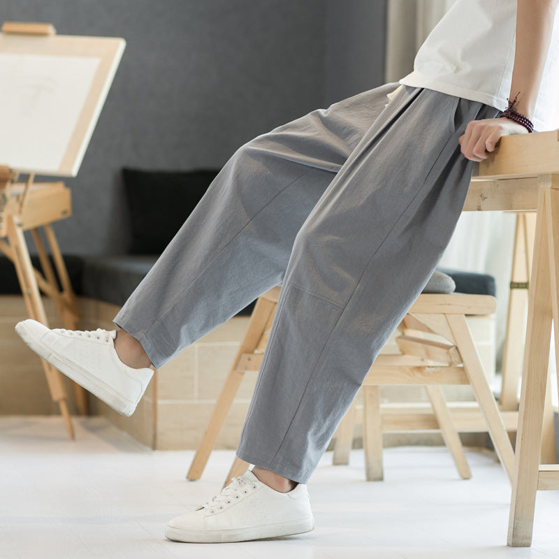 Mens Cotton-linen Relaxed-fit Straight-leg Casual Pants