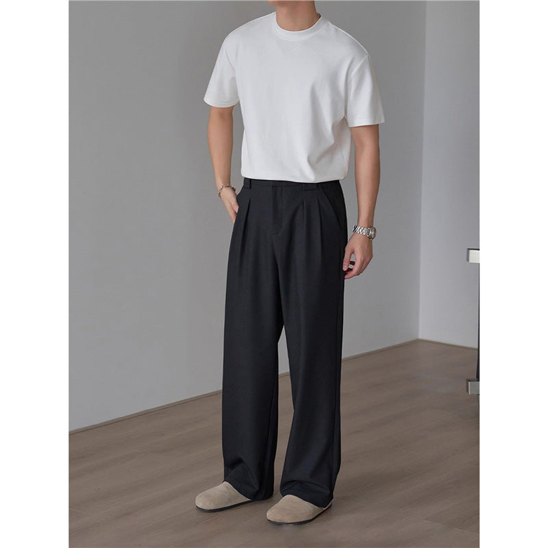 Mens Draping Loose-fit Straight-leg Casual Pants