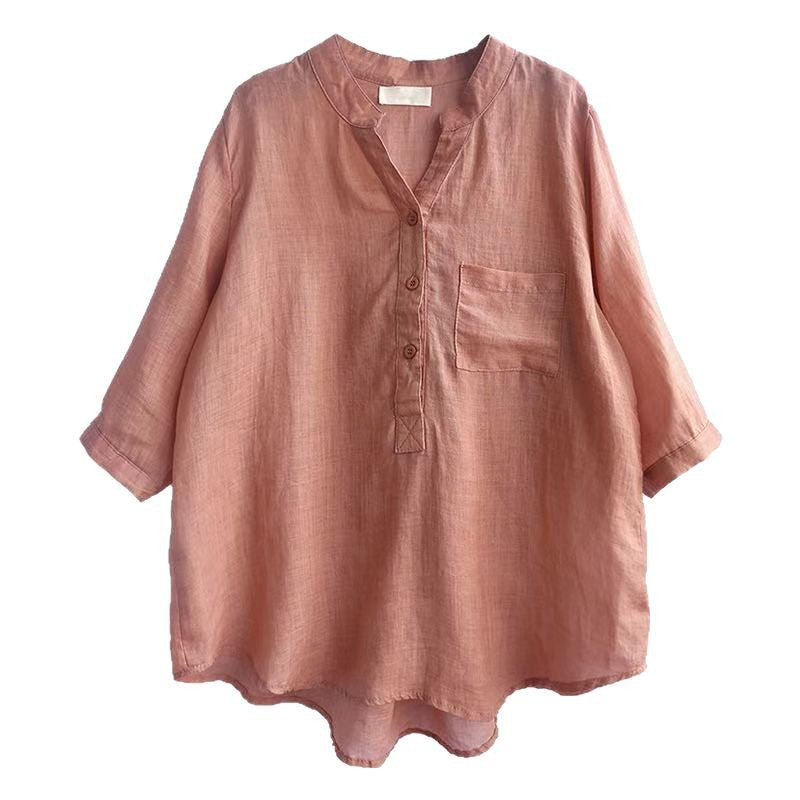 New Cotton-linen Plus-size Loose-fit Stand-collar Shirt Relaxed And Slimming