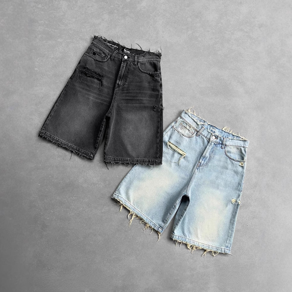 Gothic Style Men's Street Hip-hop Ripped Black Punk Washed Denim Shorts