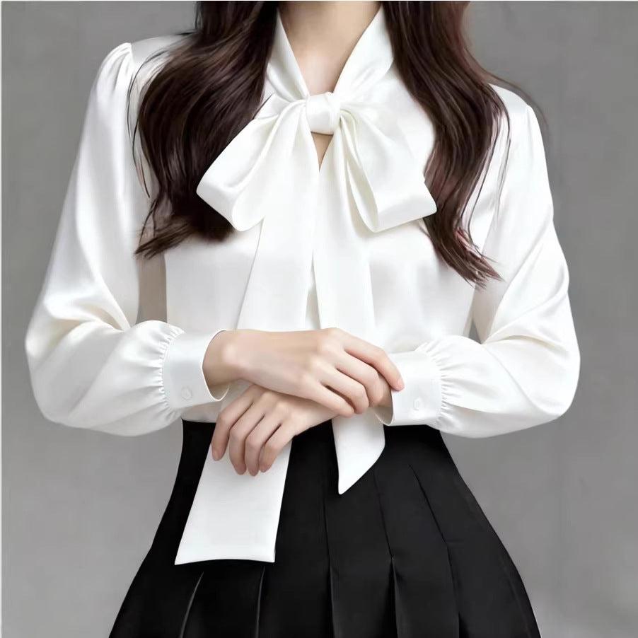 Sophisticated Early Spring Light-Luxury Satin Shirt With Ribbon Ties