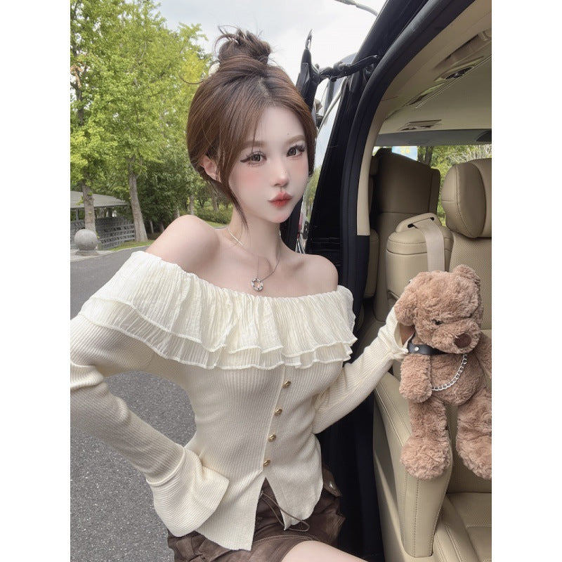 Off-shoulder Knit Slimming Long-sleeve Top