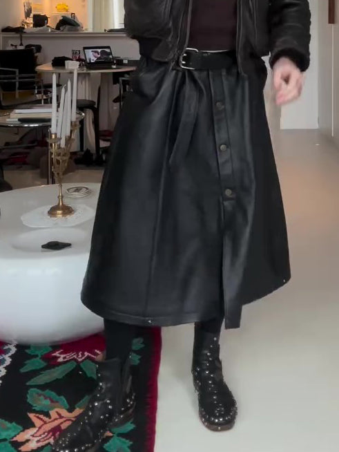 Black Leather Wide-Leg Midi Skirt