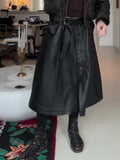Black Leather Wide-Leg Midi Skirt