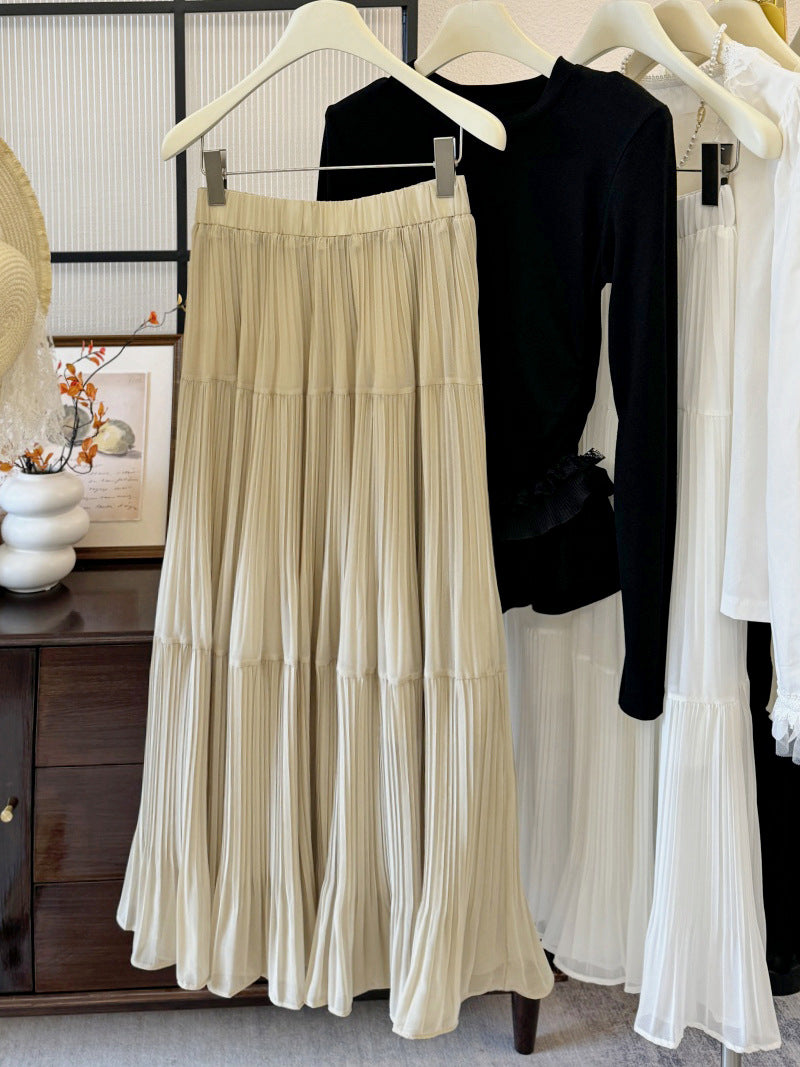 Womens Solid-Colored French-Style Retro Elegant Pleated High-Waist Skirt