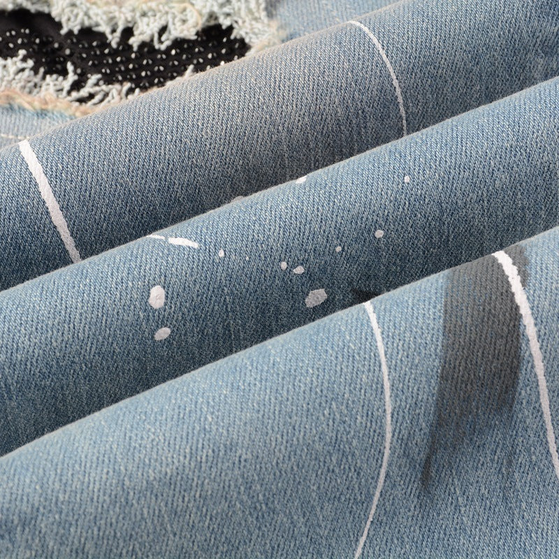 Rhinestone Patch Slim Fit Straight Ripped High Street Jeans