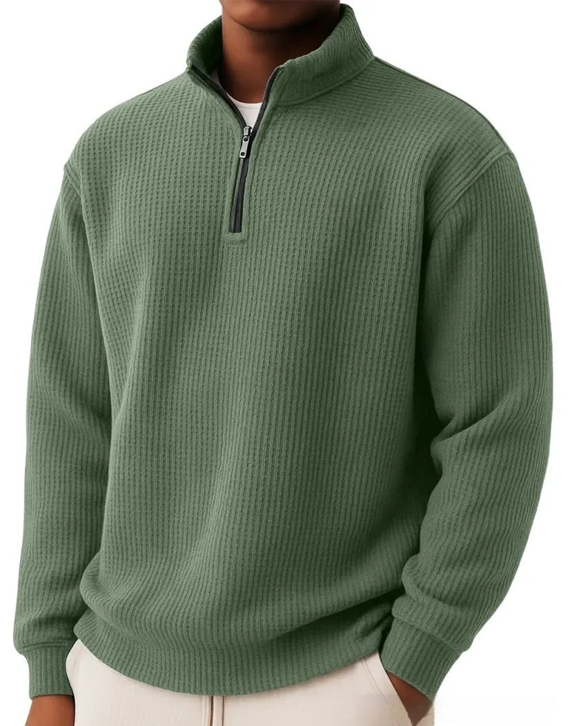 Men's Autumn And Winter Solid Color Loose Casual High-quality Waffle Long-sleeved POLO Shirt