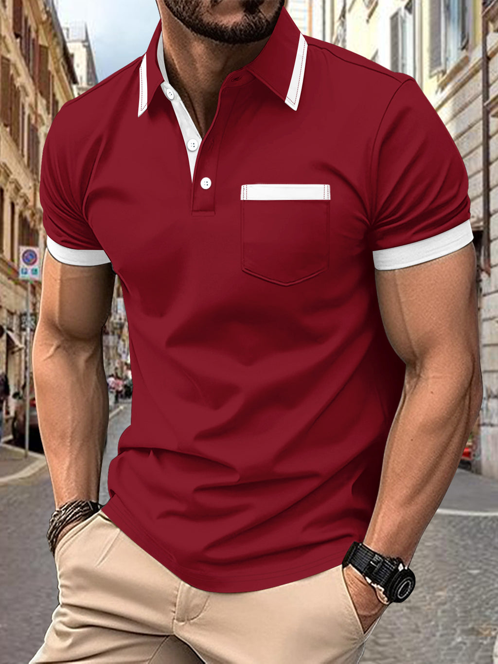 Men's Patchwork Button Pocket Casual Top