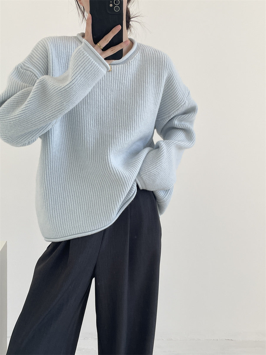 Solid-color Ribbed Irregular Knit Pullover Sweater