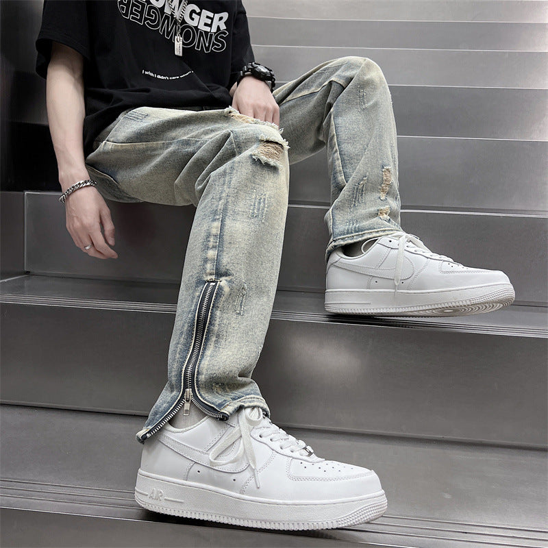 Mens SpringSummer Loose-Fit Denim Jeans With A Side Zipper