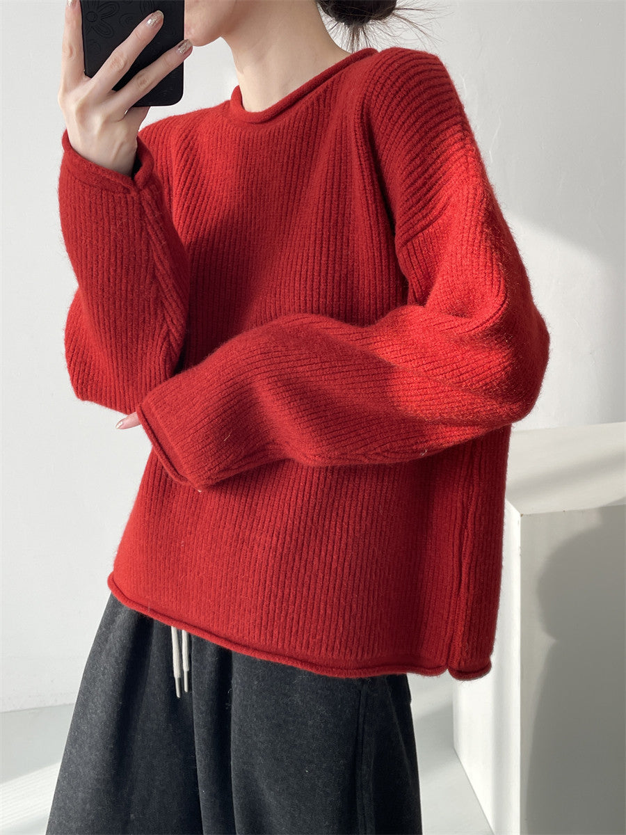 Solid-color Ribbed Irregular Knit Pullover Sweater