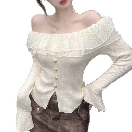 Off-shoulder Knit Slimming Long-sleeve Top