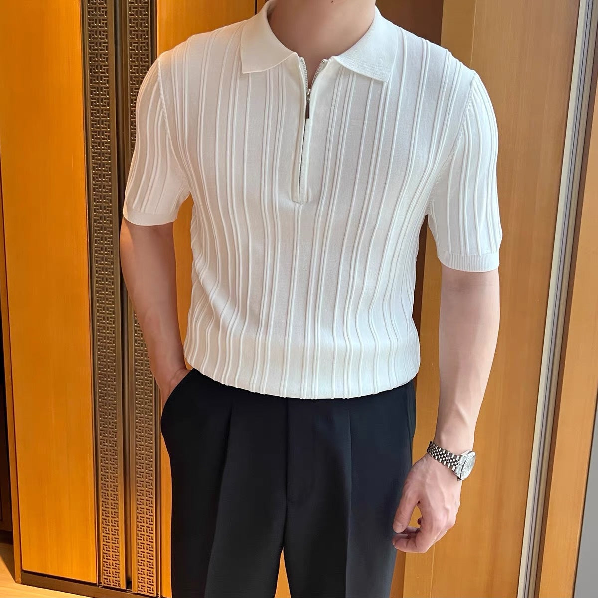 Casual Zipper Short Sleeve Men's Retro Elegant Jacquard Lapel