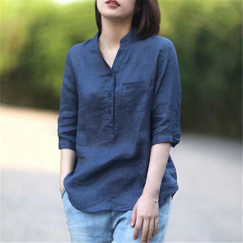 New Cotton-linen Plus-size Loose-fit Stand-collar Shirt Relaxed And Slimming