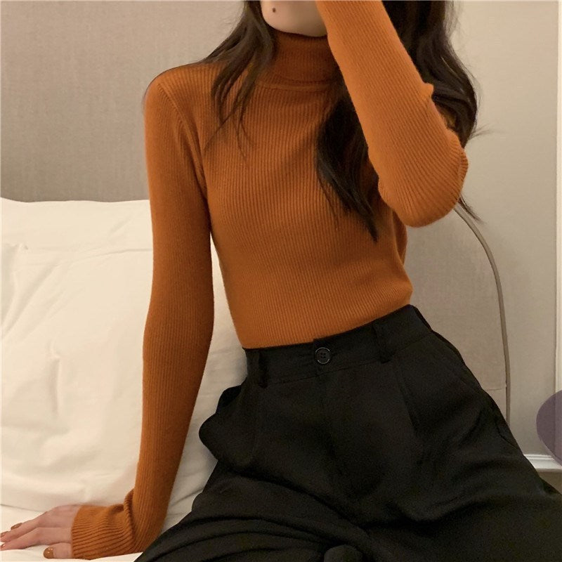 Slim-fit Solid-color Pullover Form-fitting Turtleneck Sweater