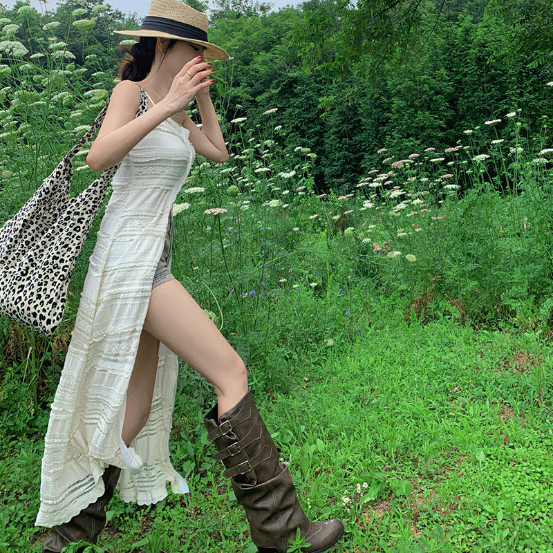 Spice Girl-style Boot-cut Boots Distressed Vintage Stacked Boots With Studs