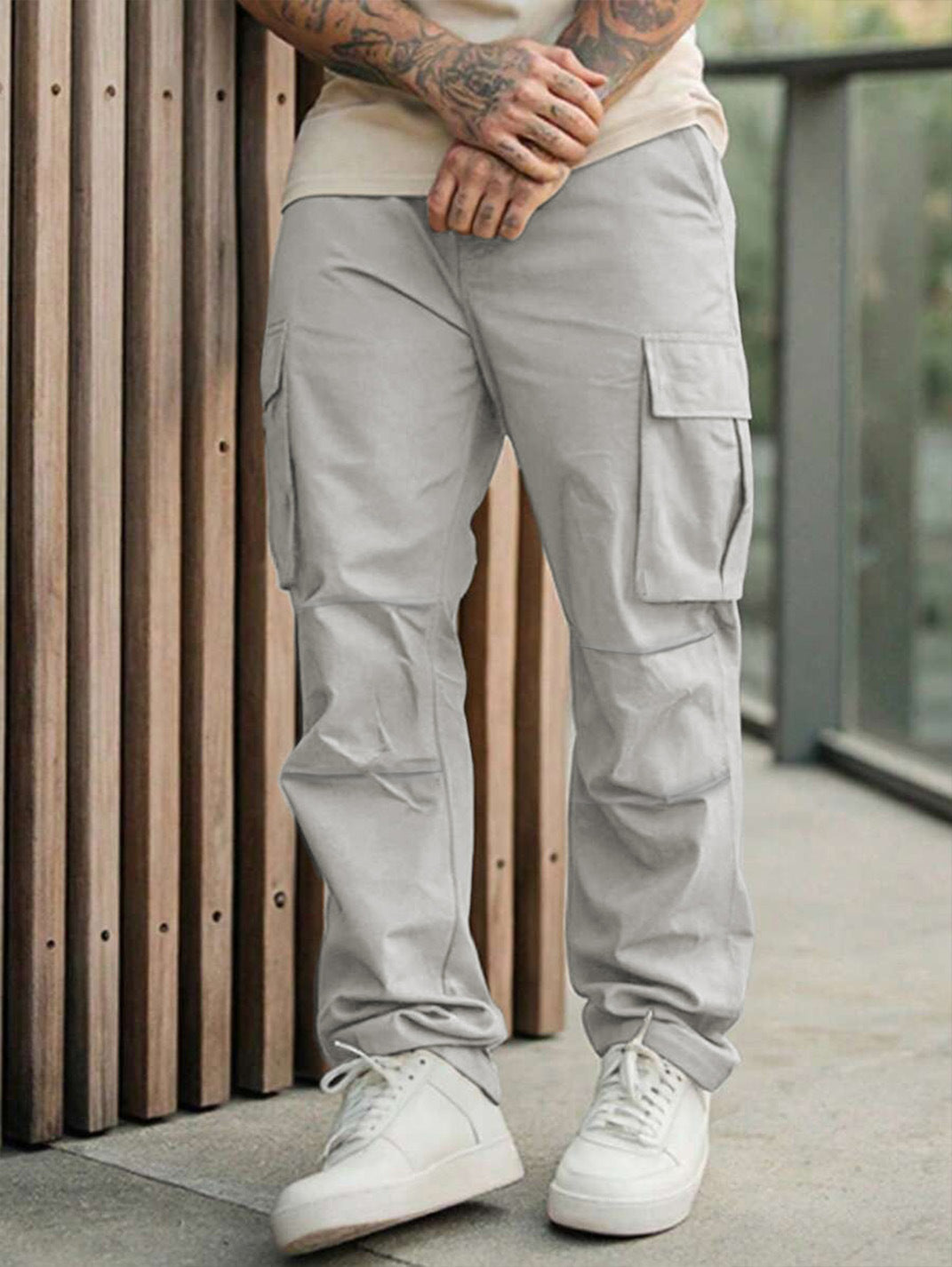 Solid-color Men's Sporty-casual Work Trousers With A Multi-pocket Design