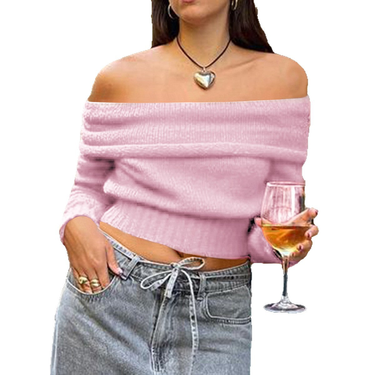 Sweet And Adorable One-shoulder Knit Sweater In A Solid Color
