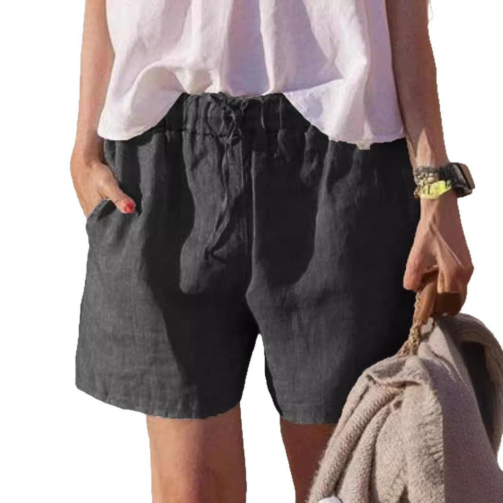 Solid-color Loose Cotton-linen Casual Pants Elastic Waistband With Tie-string Shorts