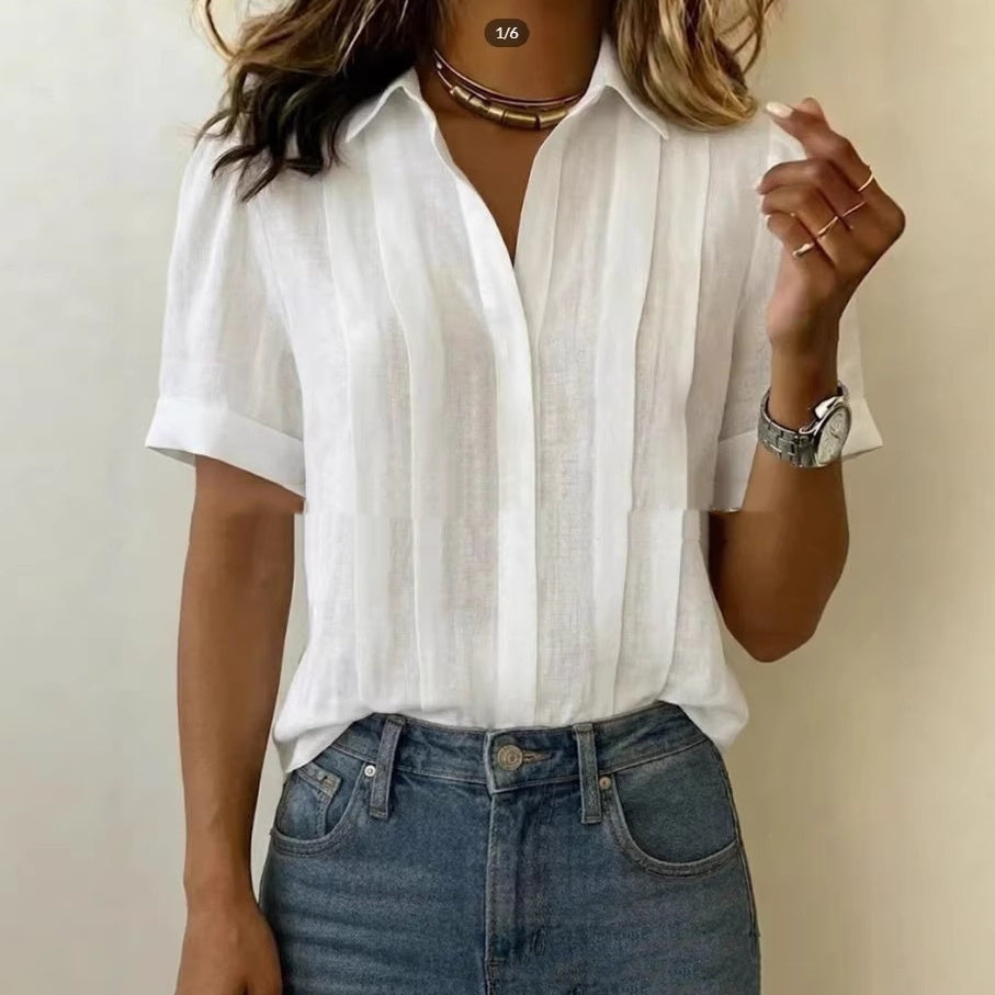 Turn-down Collar, Short-sleeve, Loose-fit Pleated Cotton Shirt