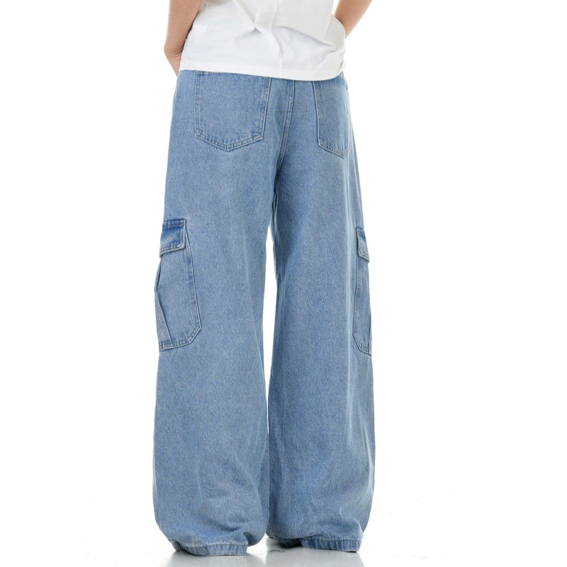 Ocean Blue Workwear Denim Jeans With Multiple Pockets Retro Style