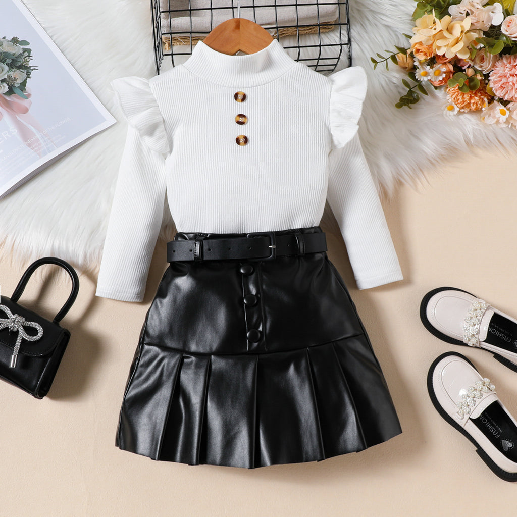 High-neck Long-sleeve Top PU Leather Pleated Skirt Belt Three-piece Set