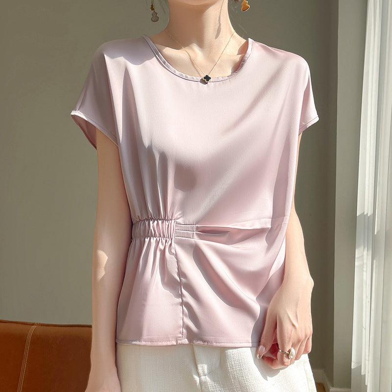 Crew-neck Simple All-match Drawstring Short-length Short-sleeve T-shirt