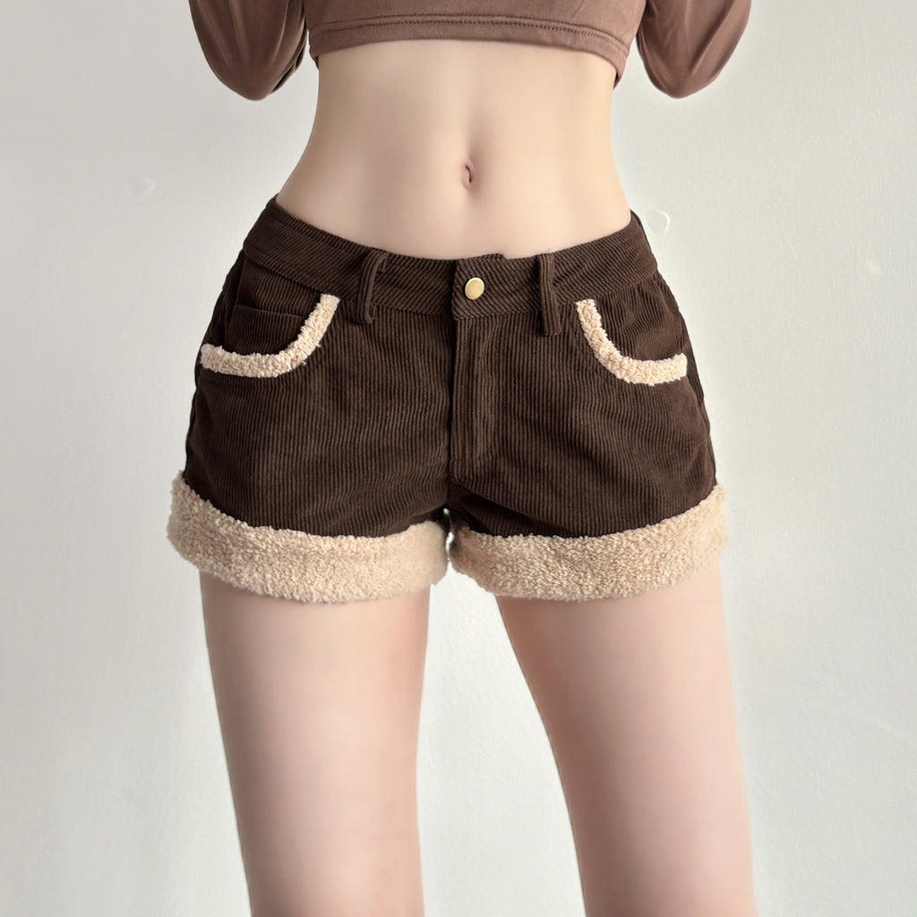 Retro Patchwork Corduroy Shorts With A Niche Designer Edgelow-rise And Ultra-flattering For Bold Edgy Looks
