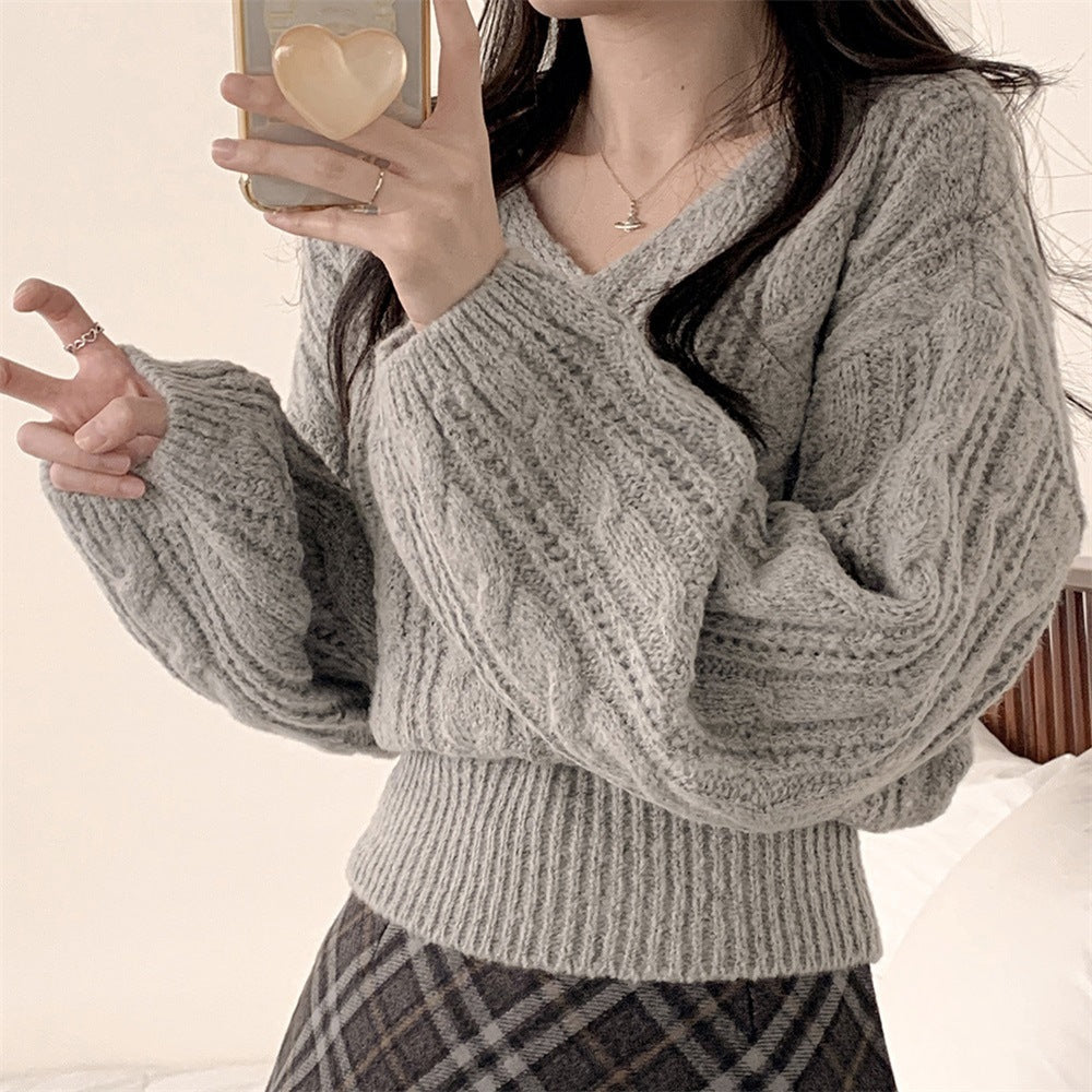 New Korean-style Relaxed-fit Solid-color Cable-knit Sweater With Lantern Sleeves