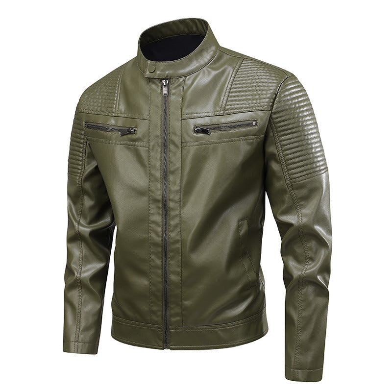 Mens Stand-Up Collar Leather Jacket Slim-Fit Leather Biker Coat For Men